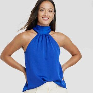 A New Day Satin Royal Blue Halter Tie Back Blouse Top Tank